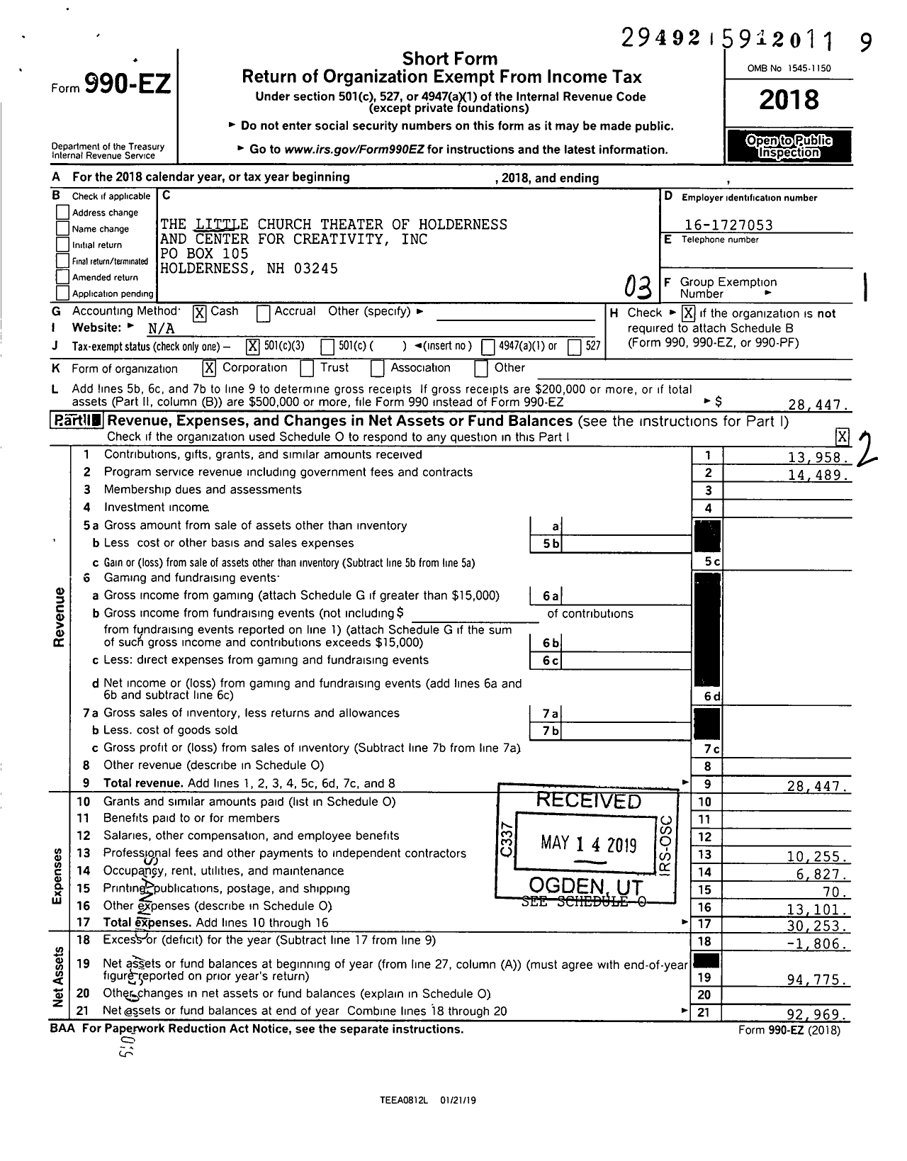 Image of first page of 2018 Form 990EZ for Little Church Theater of Holderness and Center for Creativity