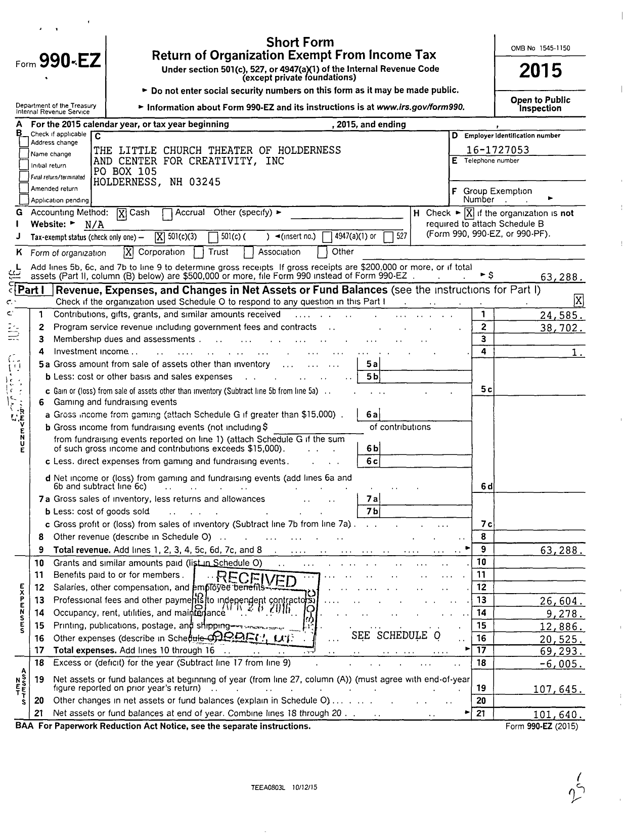 Image of first page of 2015 Form 990EZ for Little Church Theater of Holderness and Center for Creativity