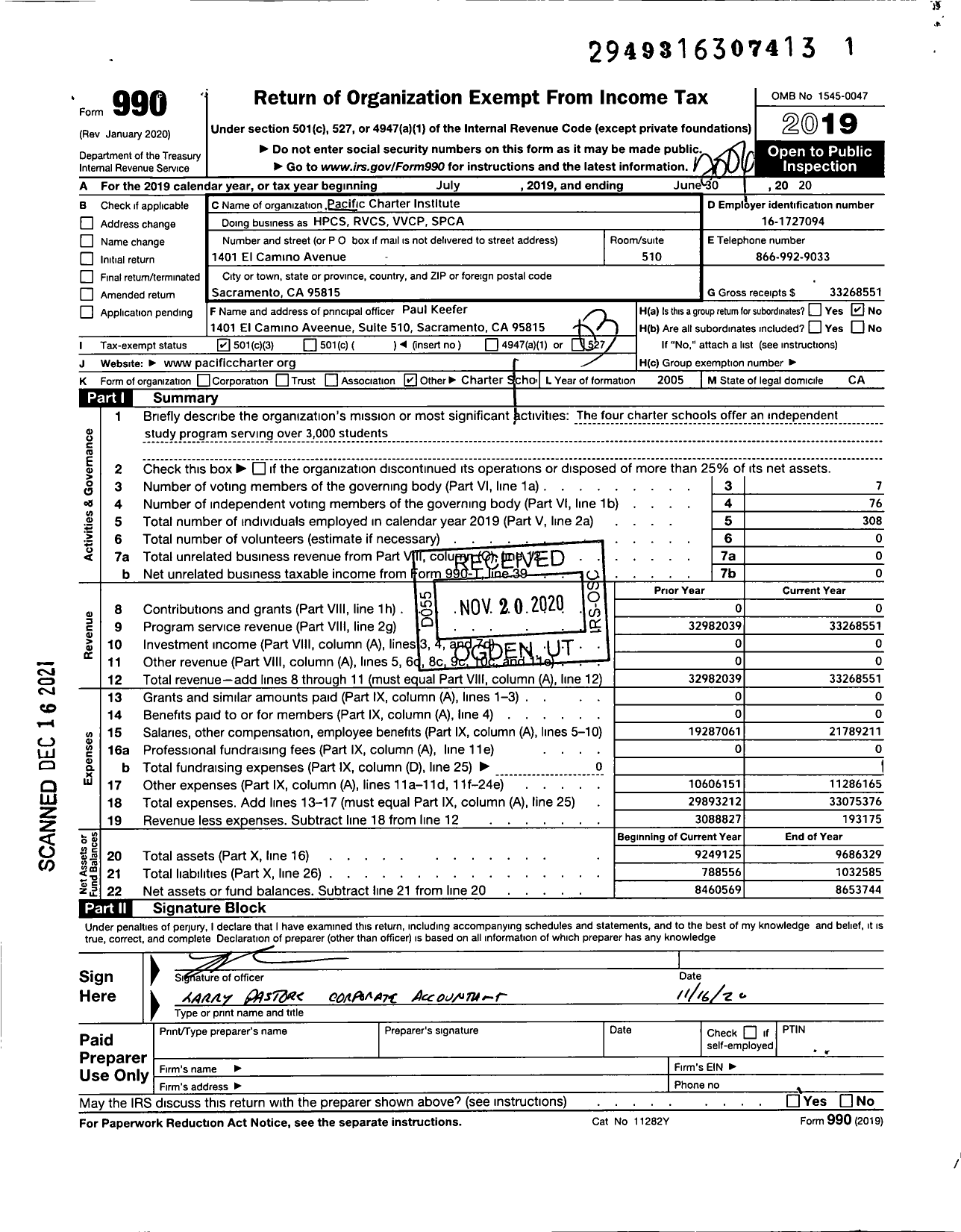 Image of first page of 2019 Form 990 for Pacific Charter Institute