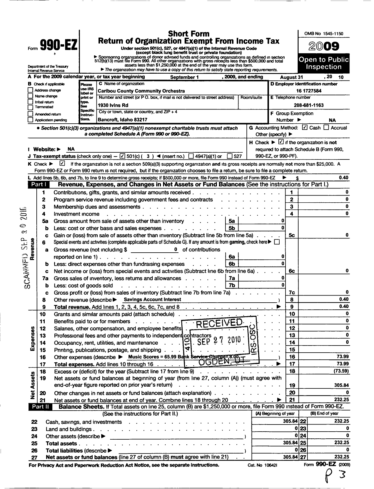 Image of first page of 2009 Form 990EZ for Caribou County Community Orchestra