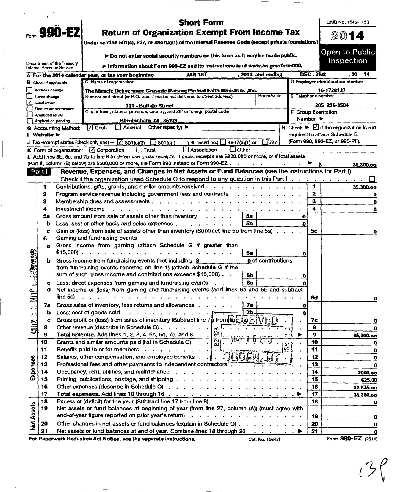 Image of first page of 2014 Form 990EZ for The Miracle Deliverance Crusade