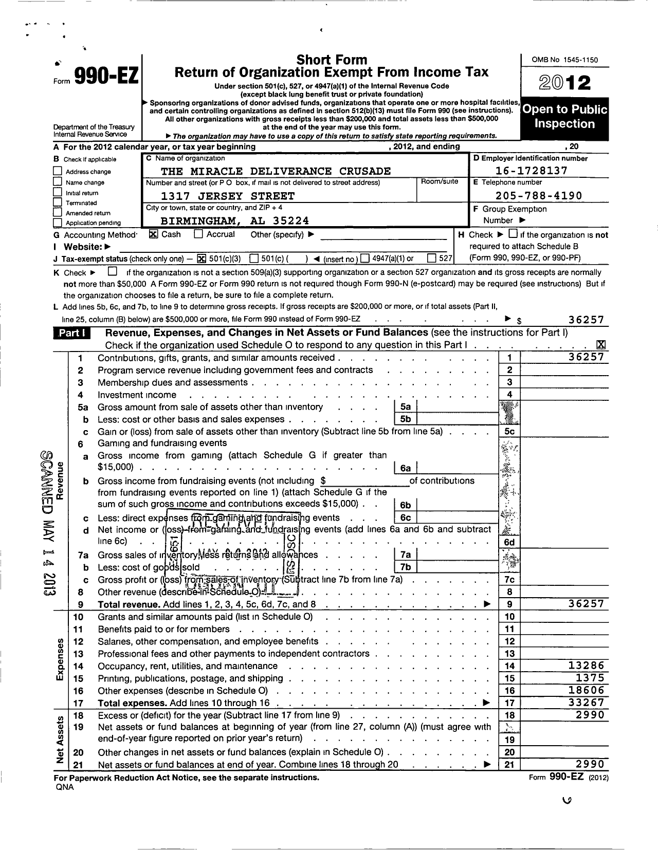 Image of first page of 2012 Form 990EZ for The Miracle Deliverance Crusade