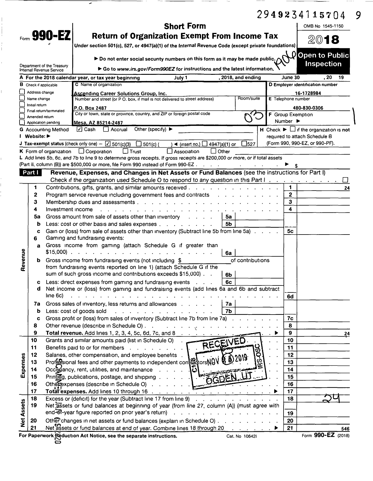 Image of first page of 2018 Form 990EZ for Ascending Career Solutions Group