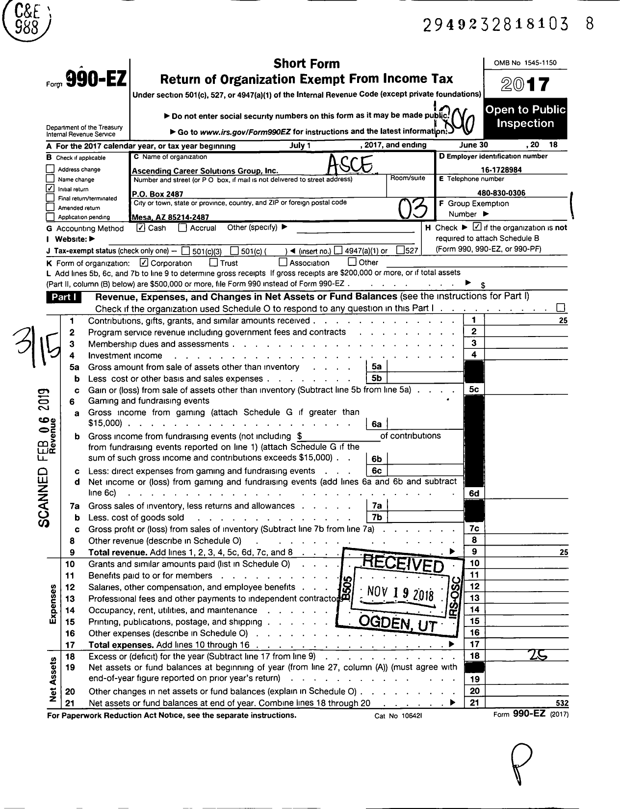 Image of first page of 2017 Form 990EZ for Ascending Career Solutions Group