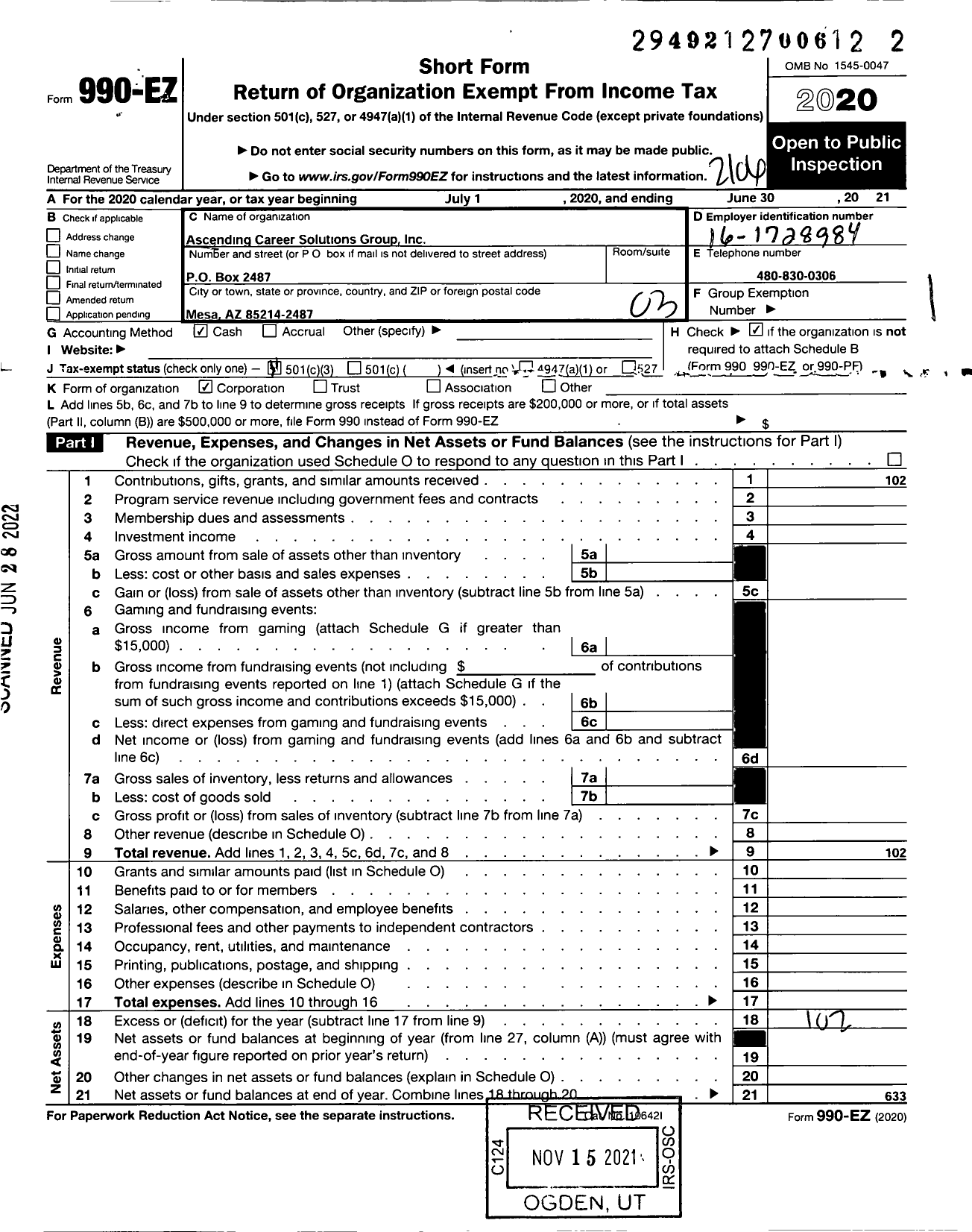 Image of first page of 2020 Form 990EZ for Ascending Career Solutions Group