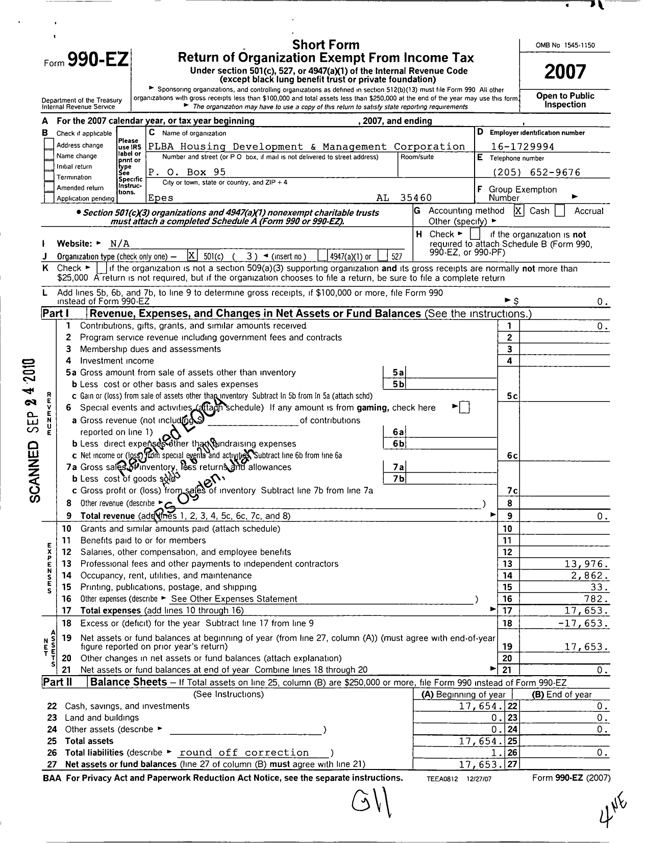 Image of first page of 2006 Form 990EZ for Plba Housing Development and Management Corporation