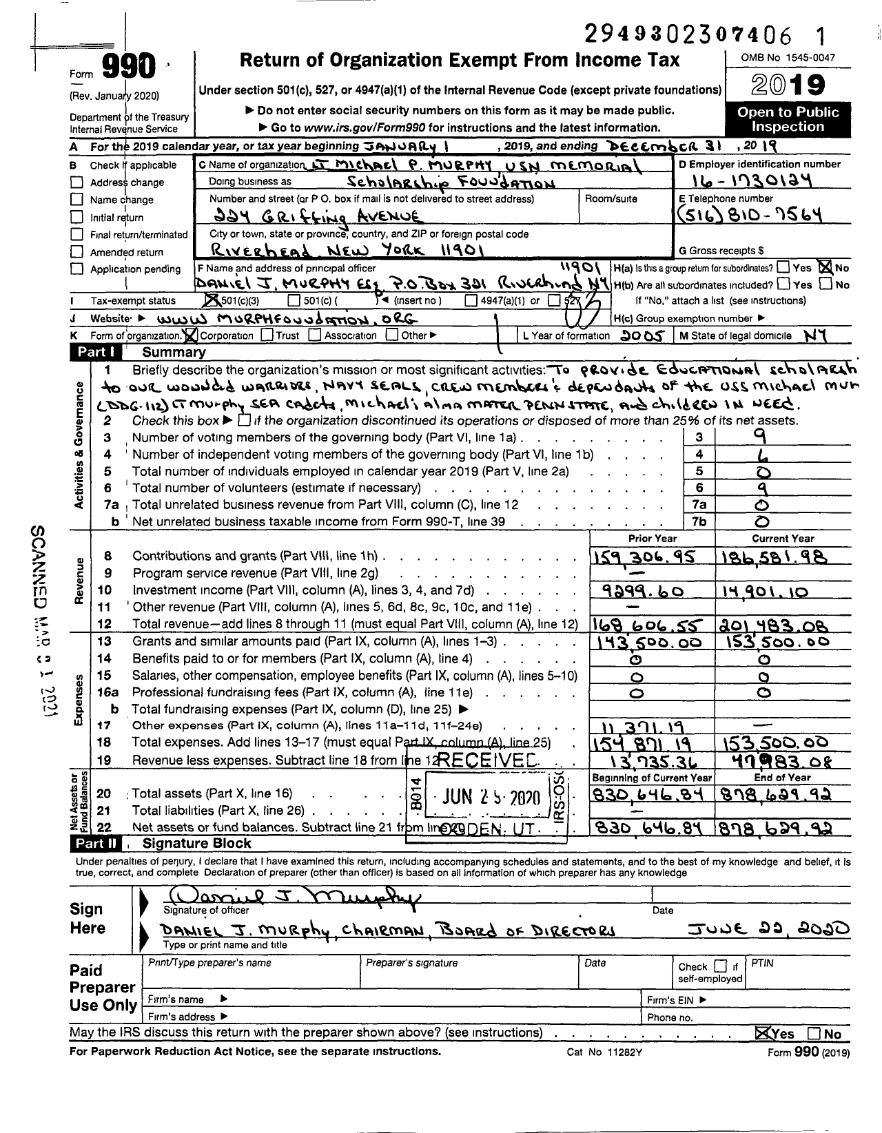 Image of first page of 2019 Form 990 for LT Michael P Murphy Usn Memorial Scholarship Foundation