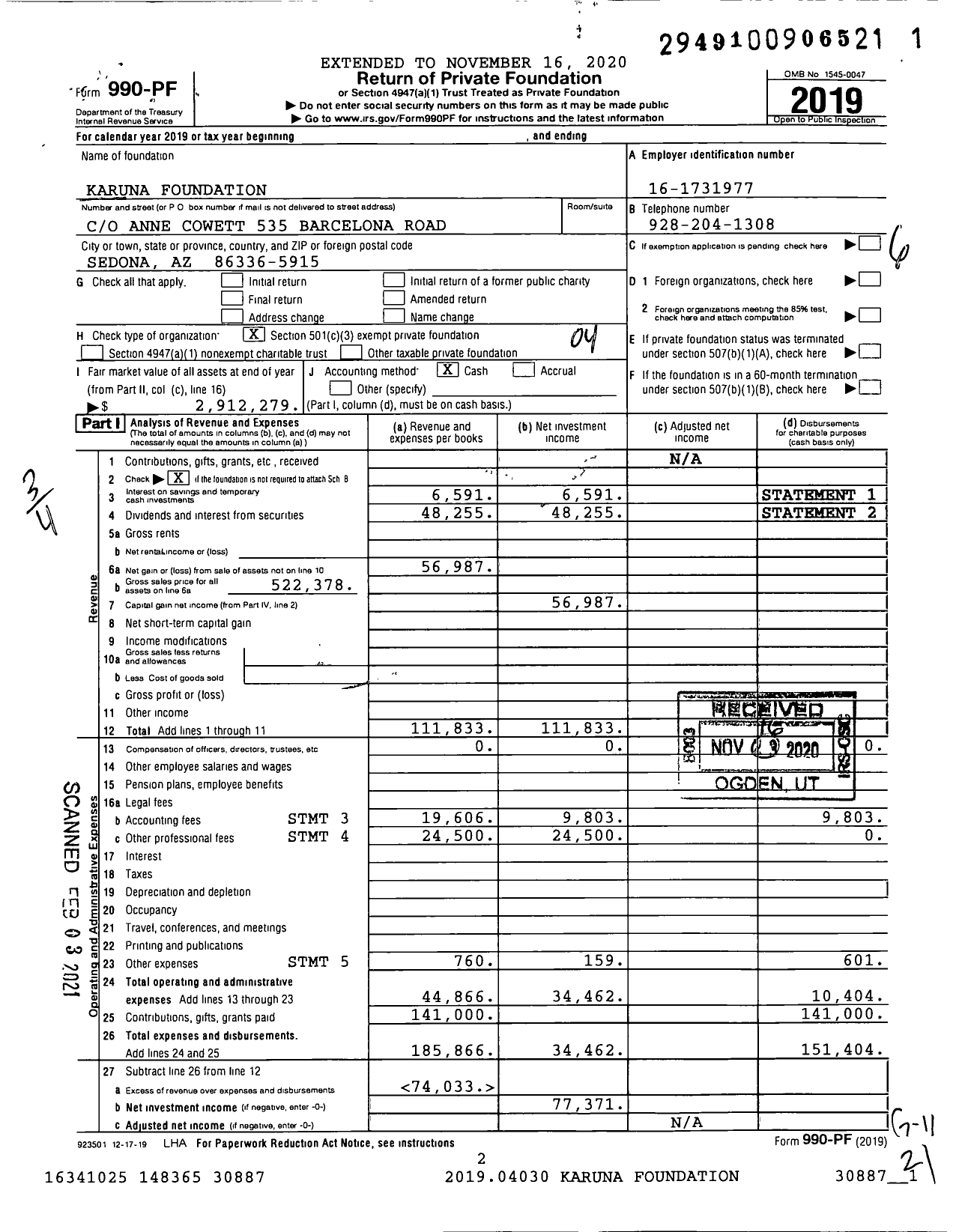 Image of first page of 2019 Form 990PF for Karuna Foundation