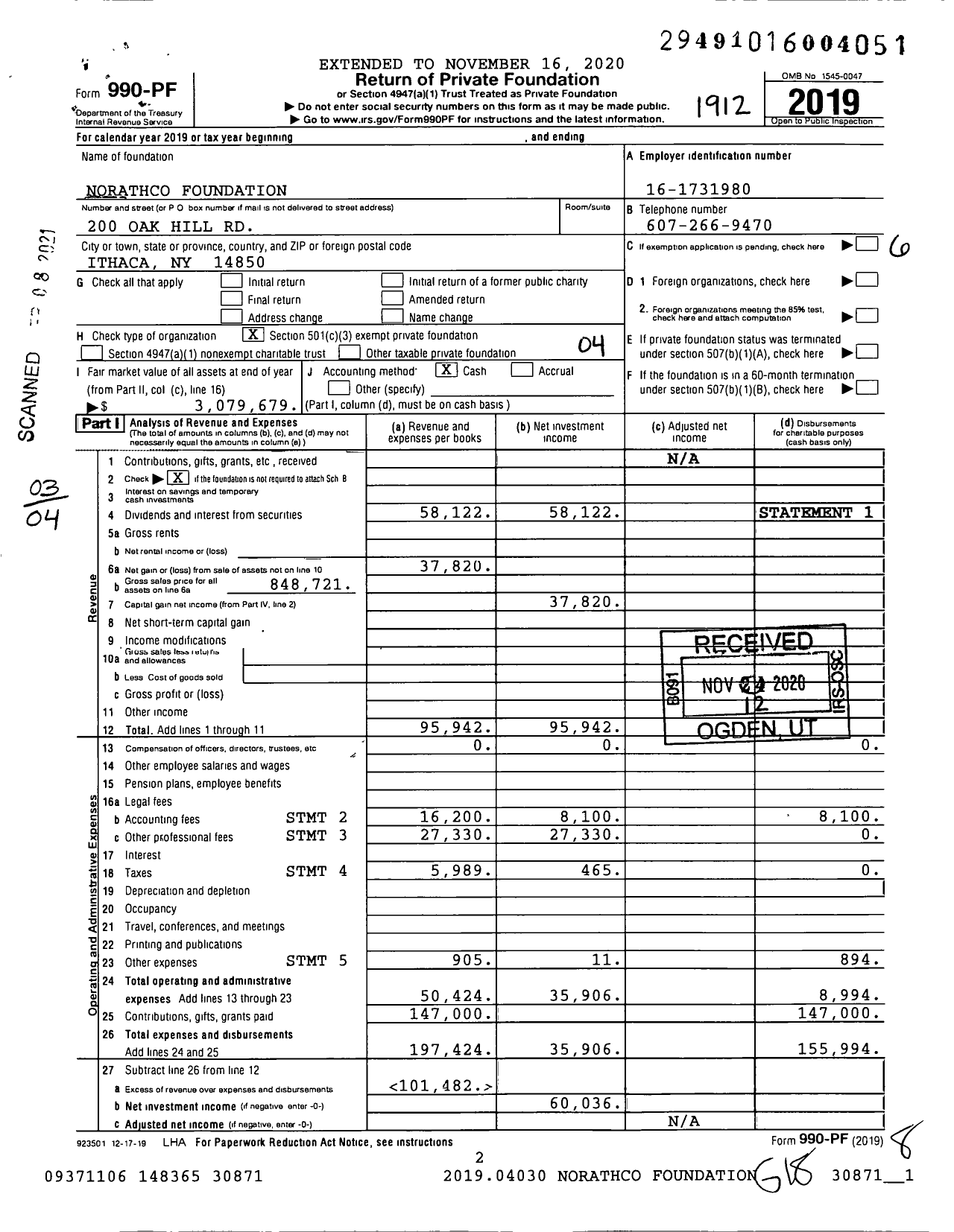 Image of first page of 2019 Form 990PF for Norathco Foundation