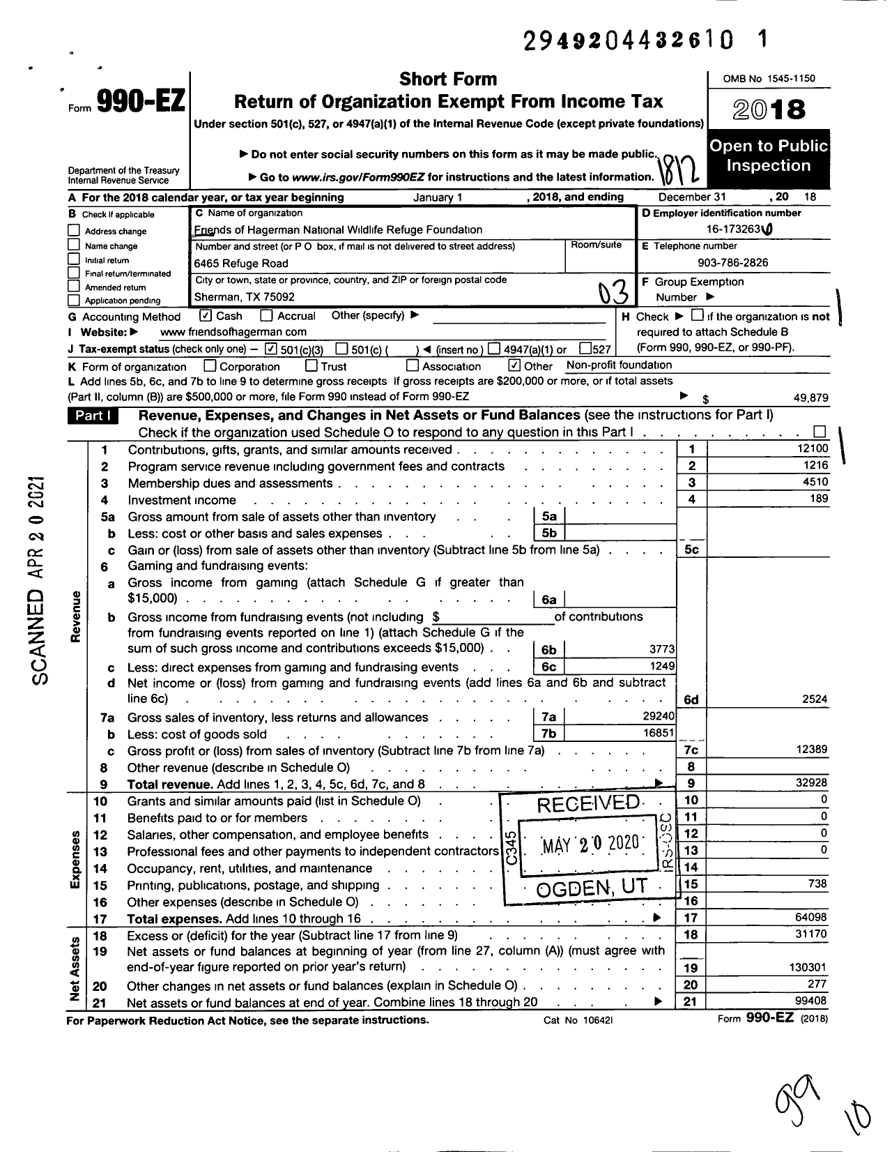 Image of first page of 2018 Form 990EZ for Friends of Hagerman National Wildlife Refuge Foundation