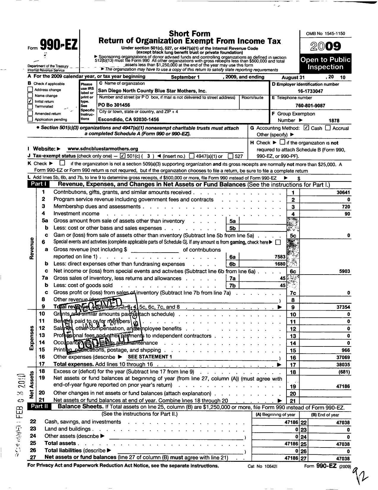 Image of first page of 2009 Form 990EZ for Blue Star Mothers of America / 9ca San Diego North County BSM
