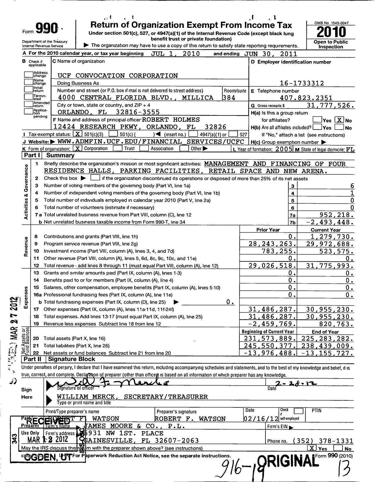 Image of first page of 2010 Form 990 for Ucf Convocation Corporation