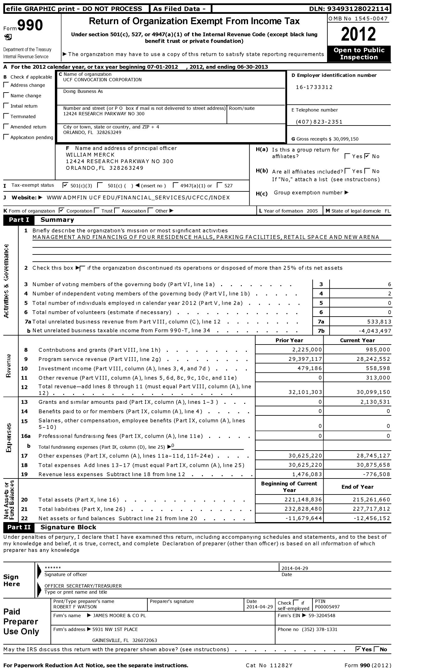 Image of first page of 2012 Form 990 for Ucf Convocation Corporation
