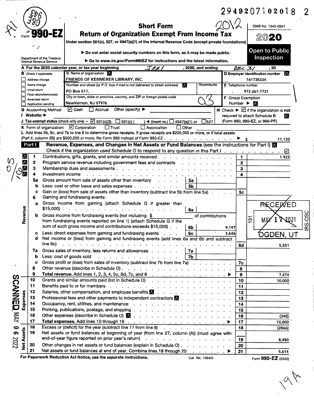 Image of first page of 2020 Form 990EZ for Friends of Kemmerer Library