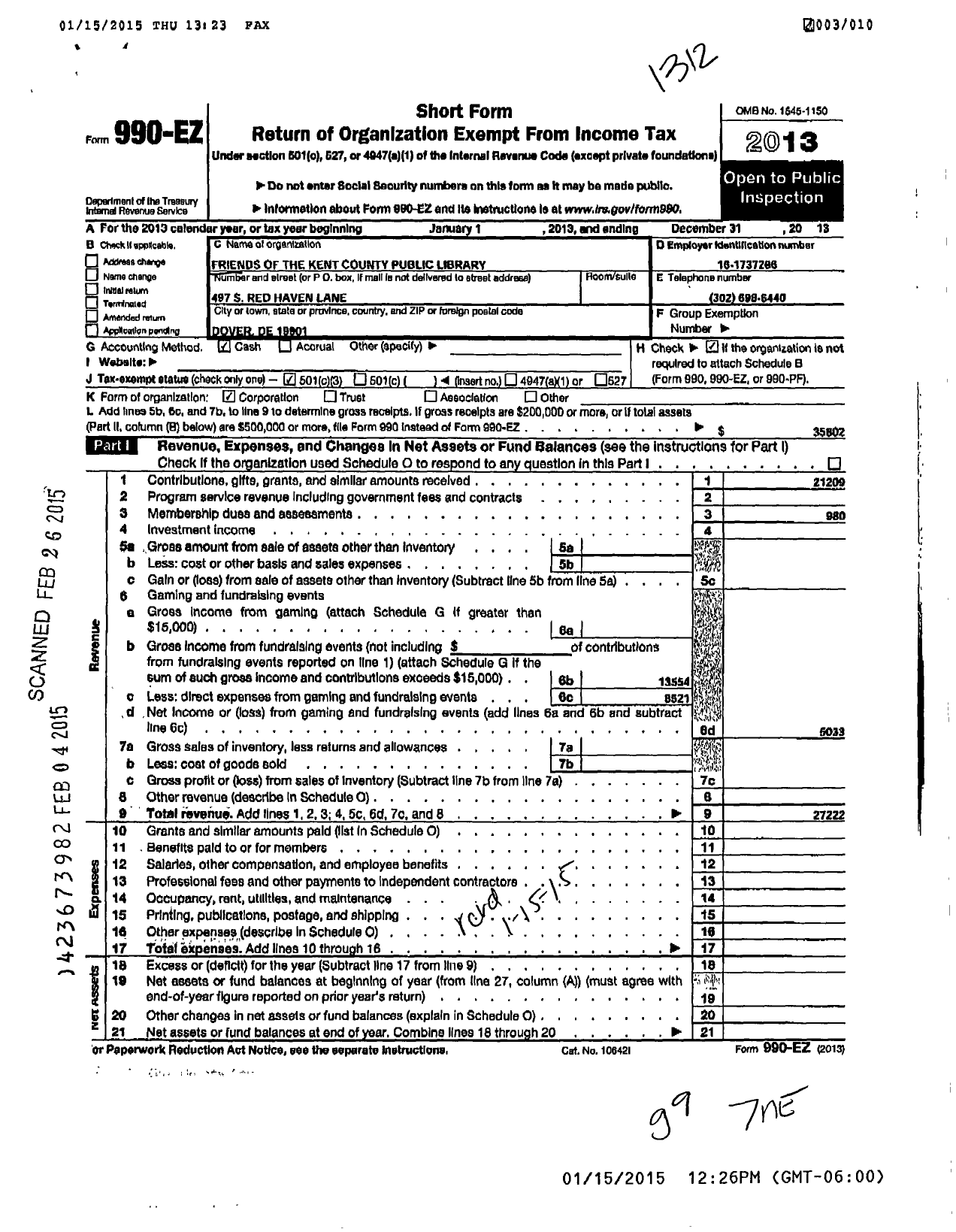 Image of first page of 2013 Form 990EZ for Friends of Kent County Public Library