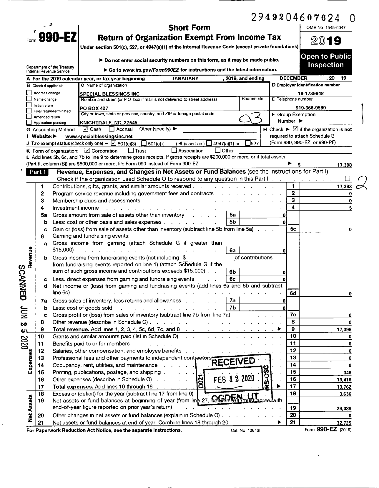 Image of first page of 2019 Form 990EZ for Special Blessings