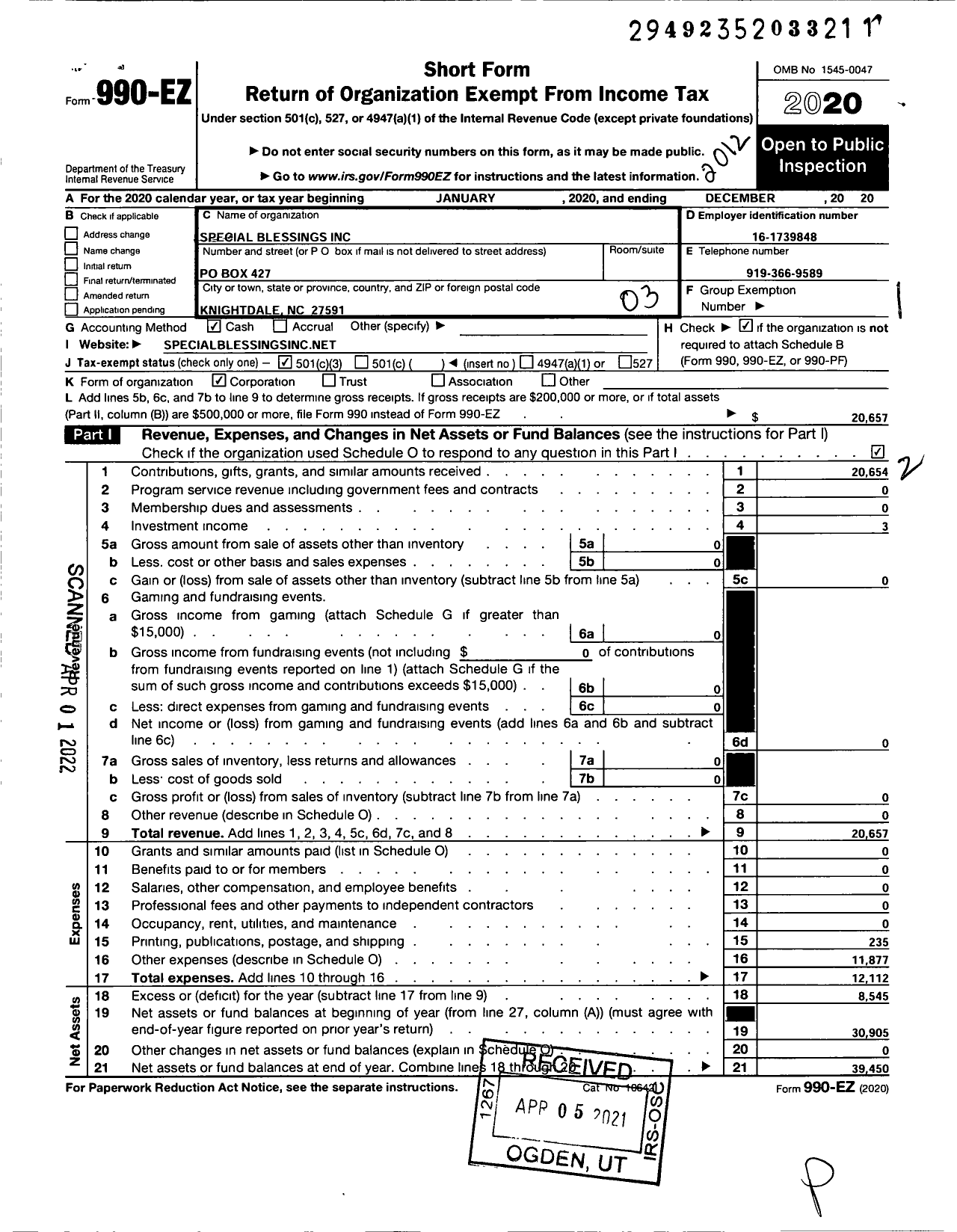 Image of first page of 2020 Form 990EZ for Special Blessings