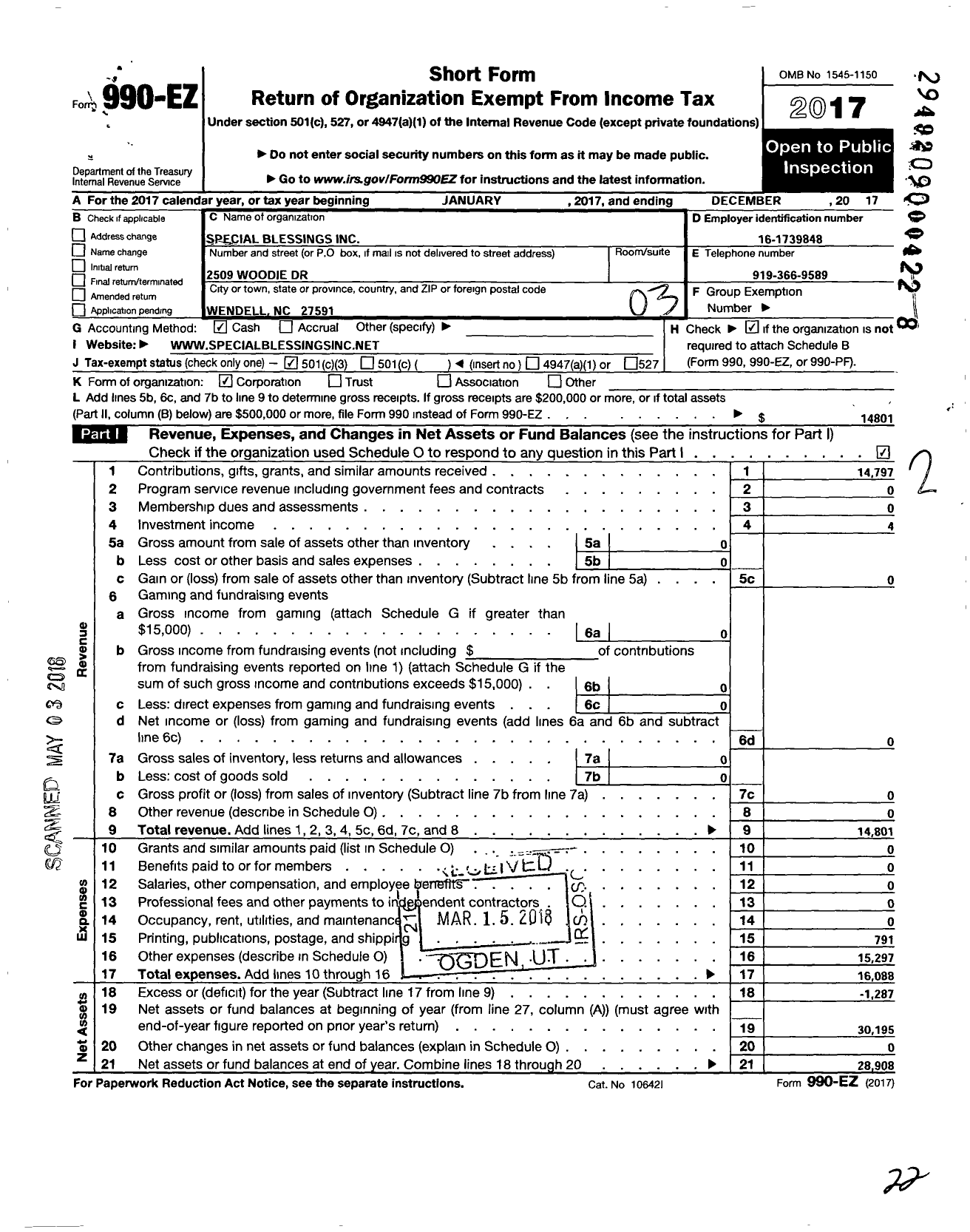 Image of first page of 2017 Form 990EZ for Special Blessings