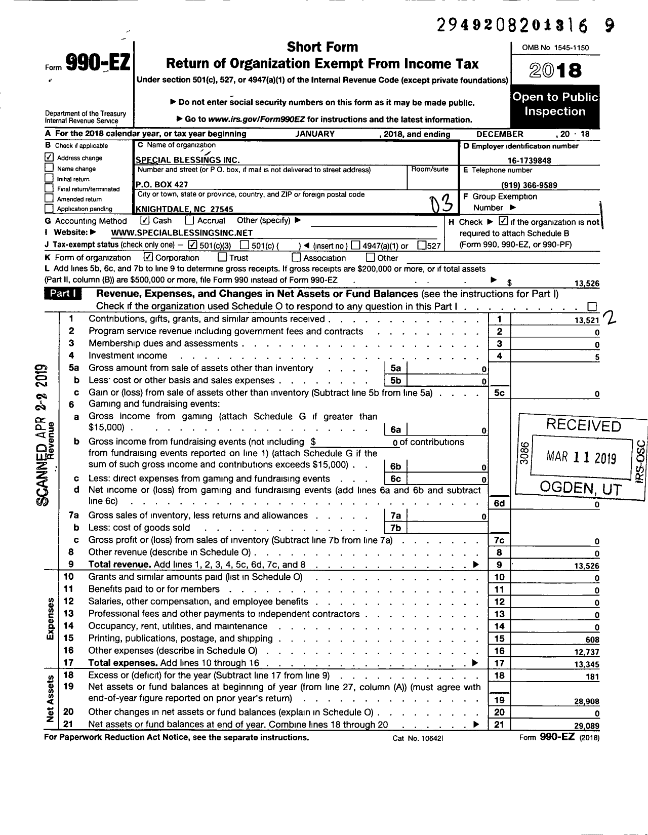 Image of first page of 2018 Form 990EZ for Special Blessings