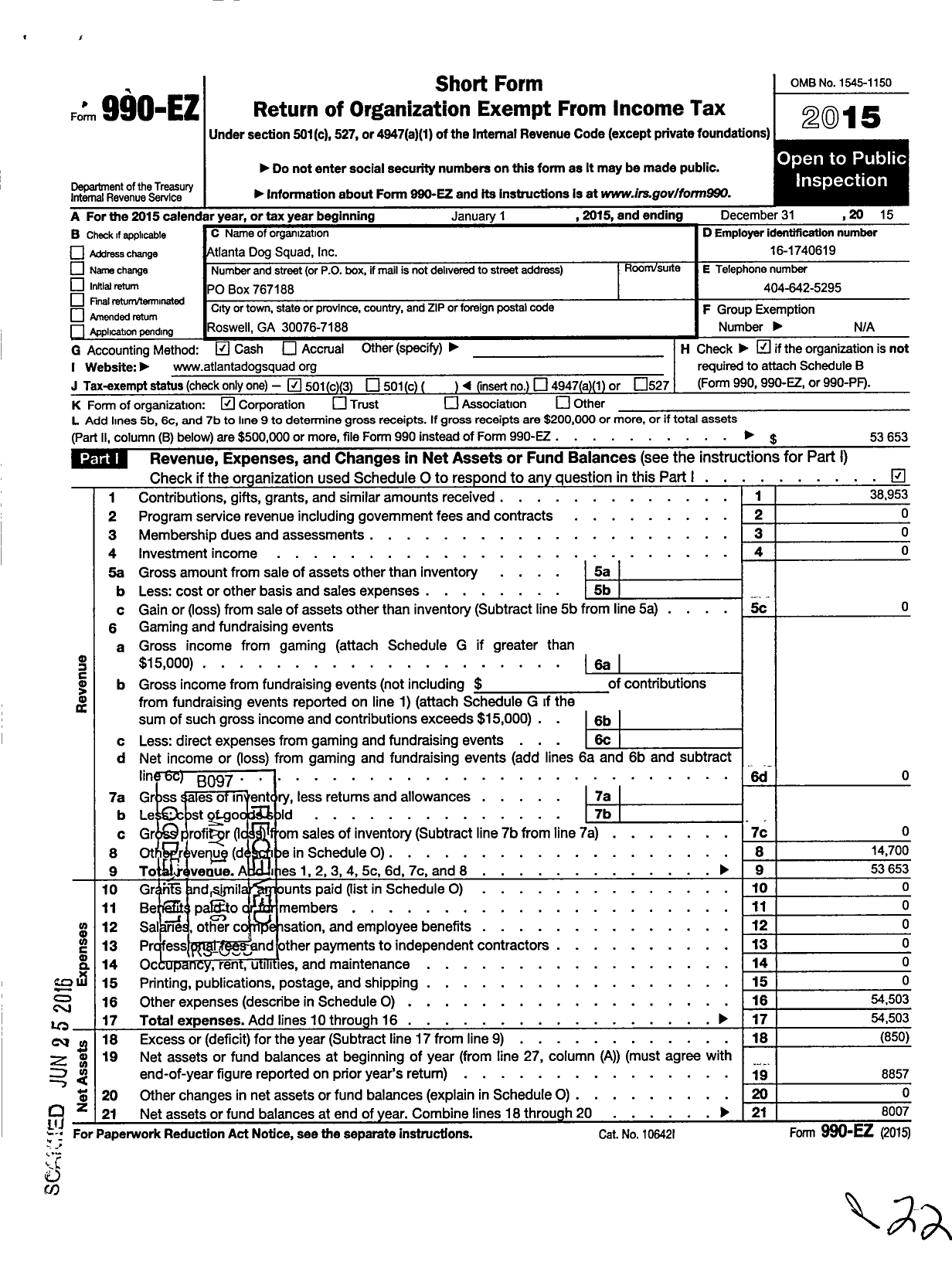 Image of first page of 2015 Form 990EZ for Atlanta Dog Squad