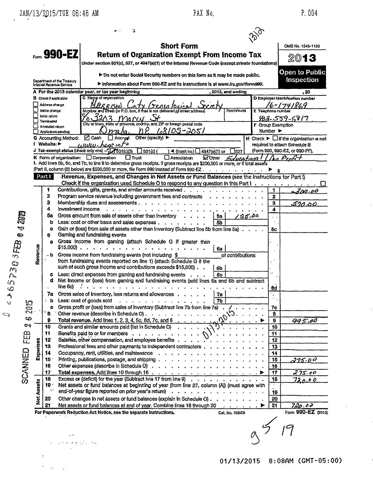 Image of first page of 2013 Form 990EZ for Harrison County Genealogical Society (HCGS)