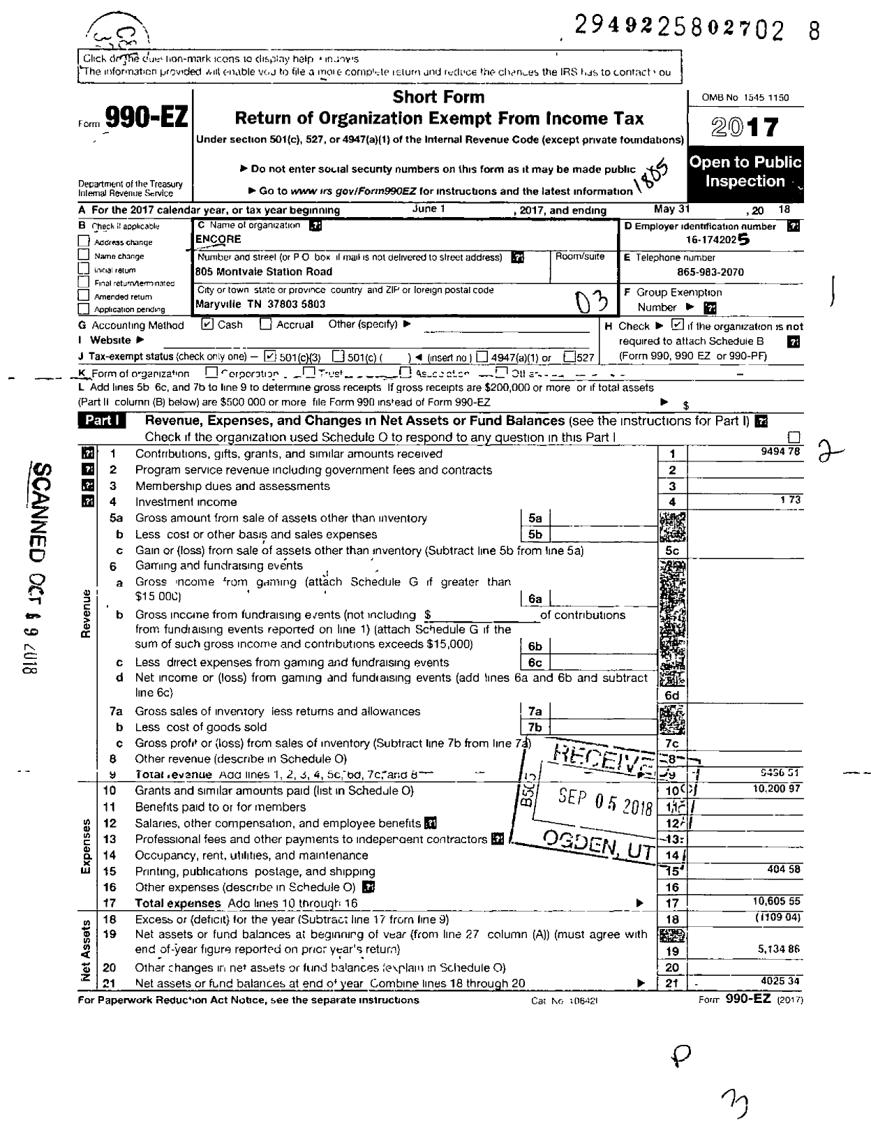 Image of first page of 2017 Form 990EZ for Encore / Maryville Middle School Music Boost