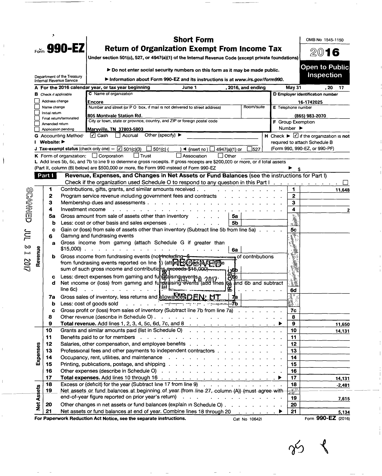 Image of first page of 2016 Form 990EZ for Encore / Maryville Middle School Music Boost