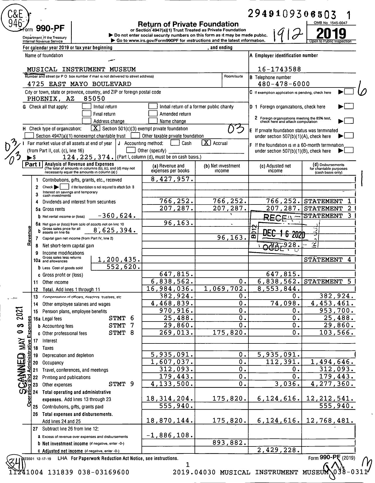 Image of first page of 2019 Form 990PF for Musical Instrument Museum (MIM)