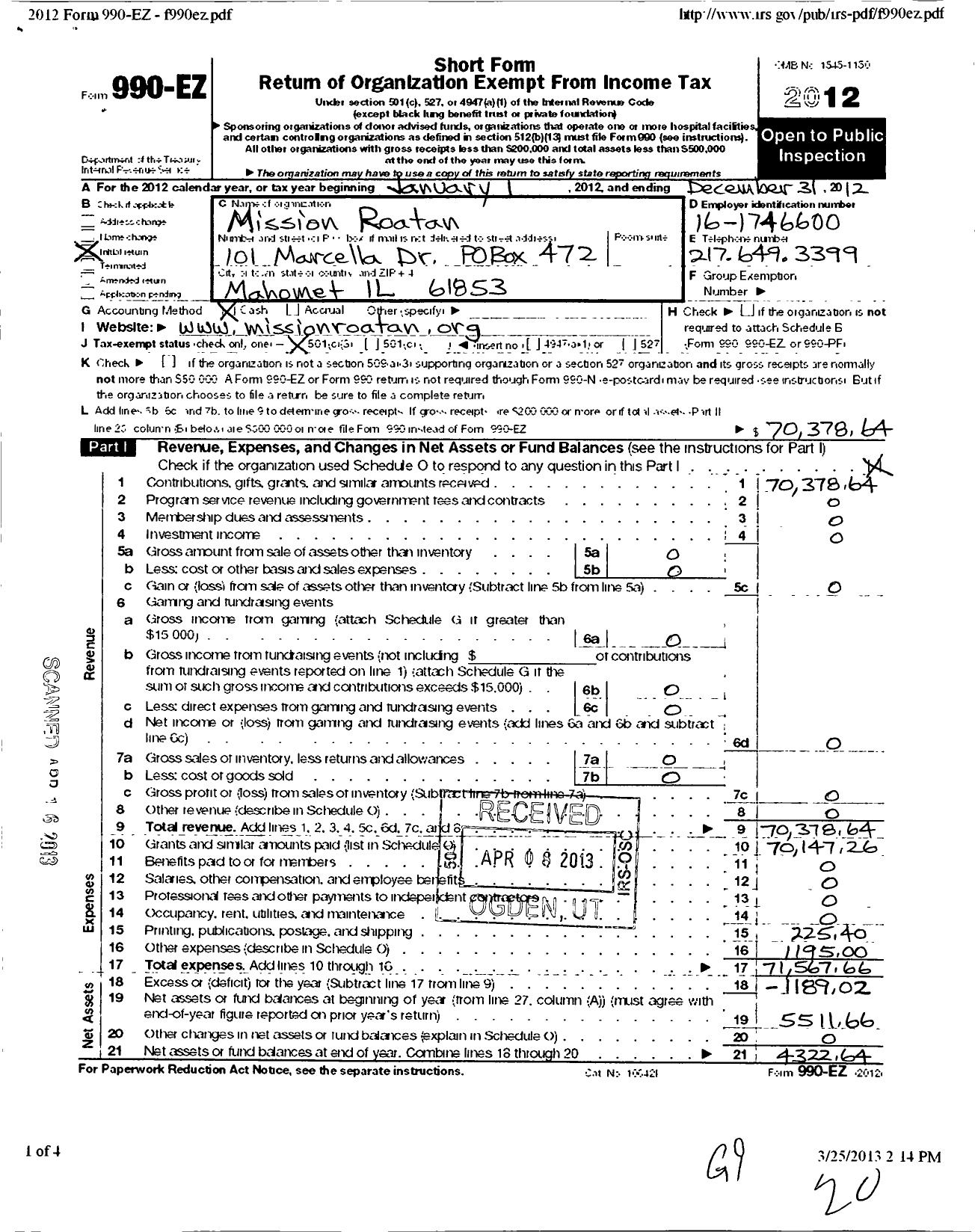 Image of first page of 2012 Form 990EZ for Mission Roatan