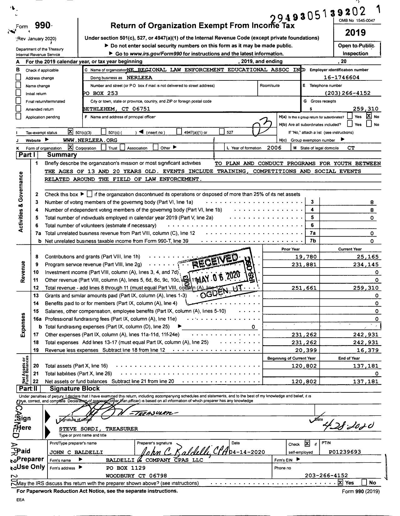 Image of first page of 2019 Form 990 for Northeast Regional Law Enforcement Educational Association (NERLEEA)