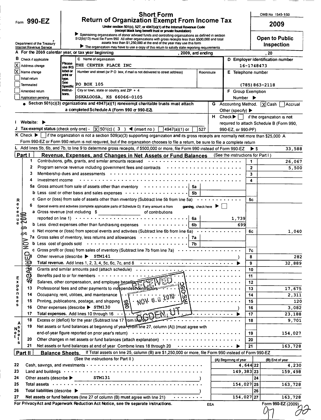 Image of first page of 2009 Form 990EZ for Oskaloosa Community Center