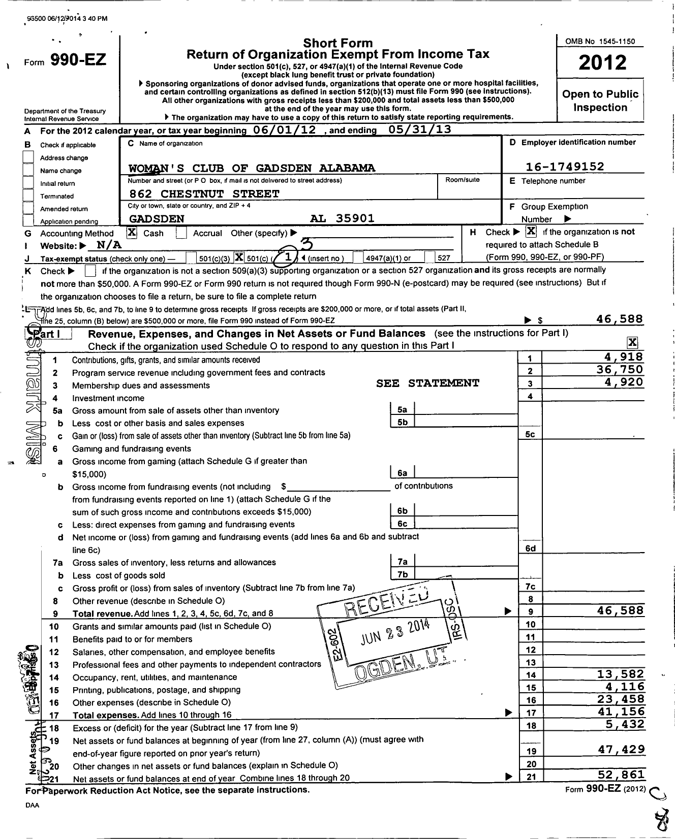 Image of first page of 2012 Form 990EZ for Womans Club of Gadsden Alabama