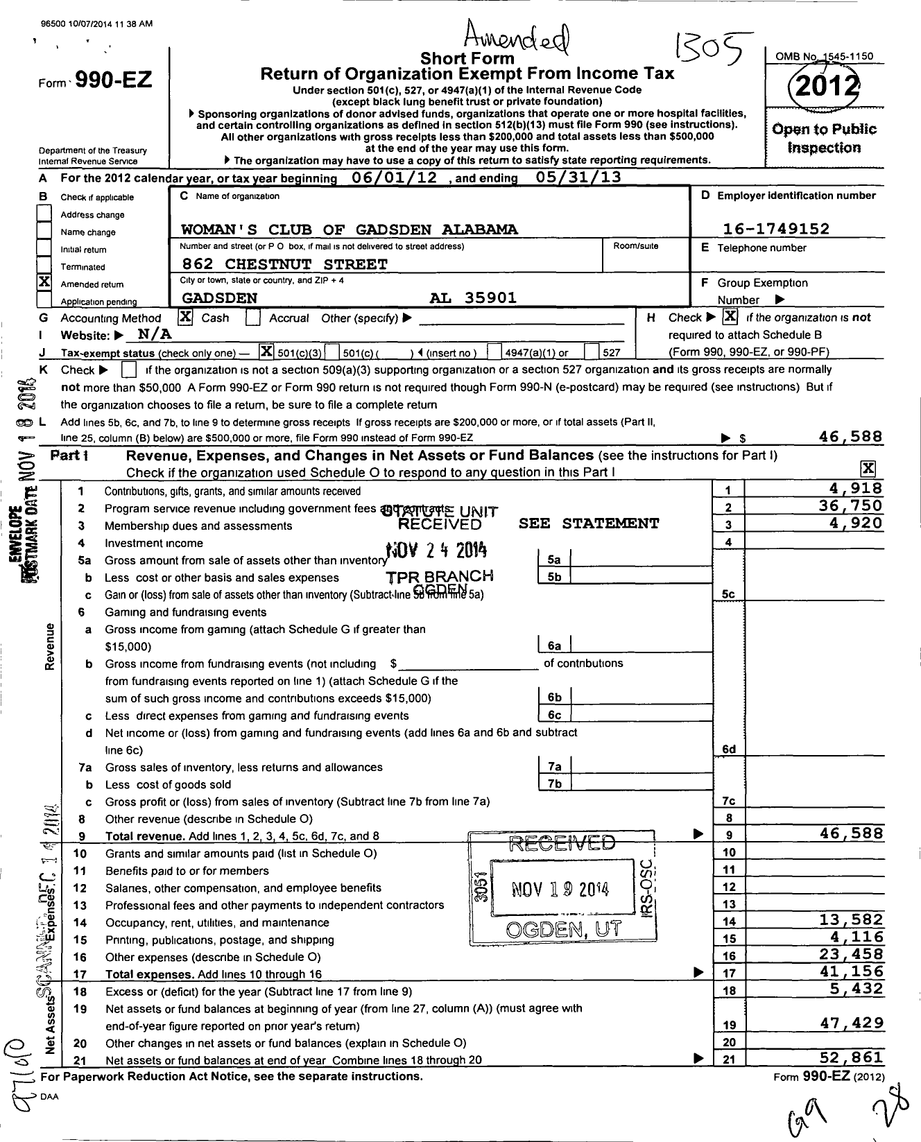 Image of first page of 2012 Form 990EZ for Womans Club of Gadsden Alabama