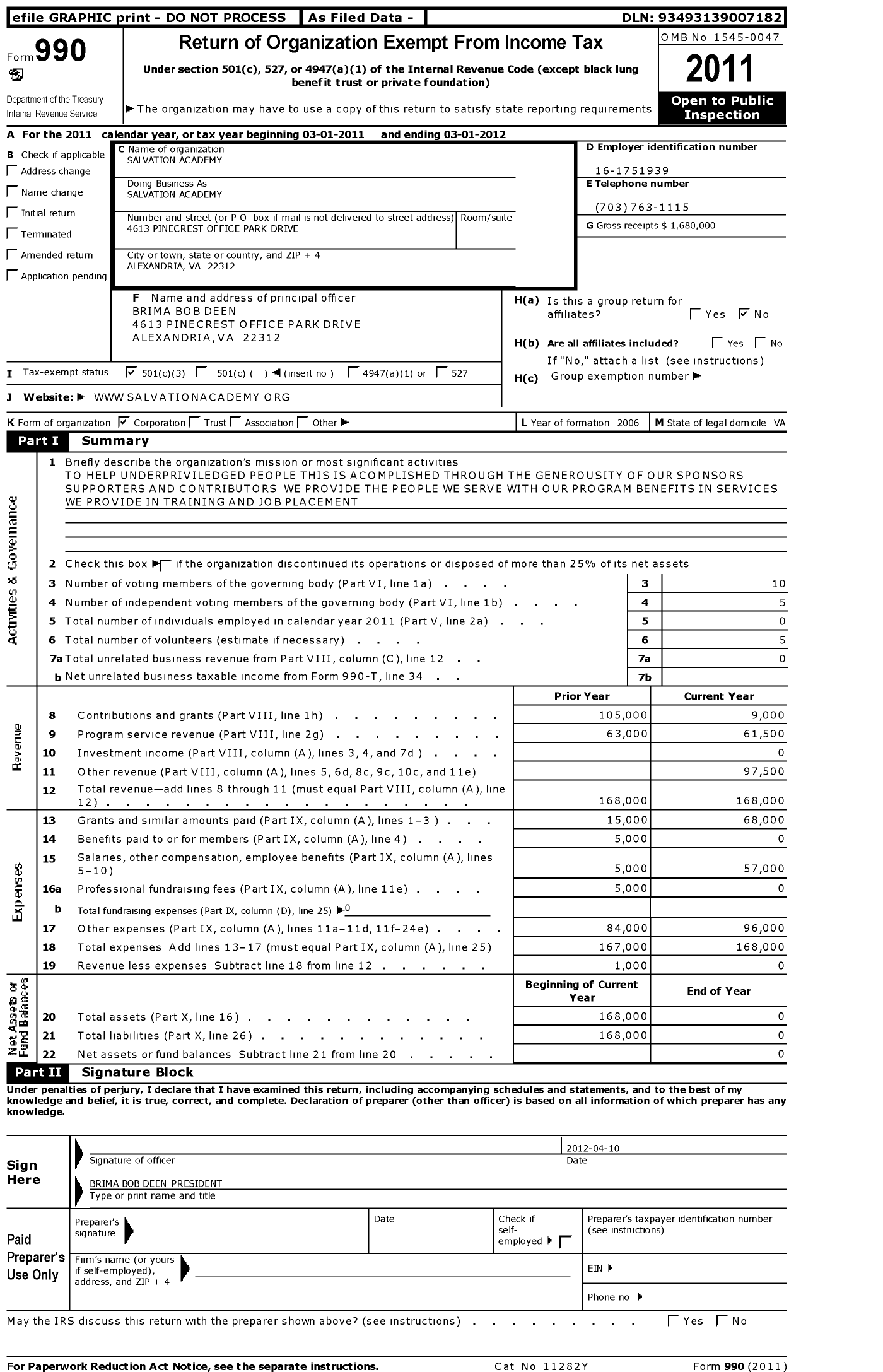 Image of first page of 2011 Form 990 for Salvation Academy