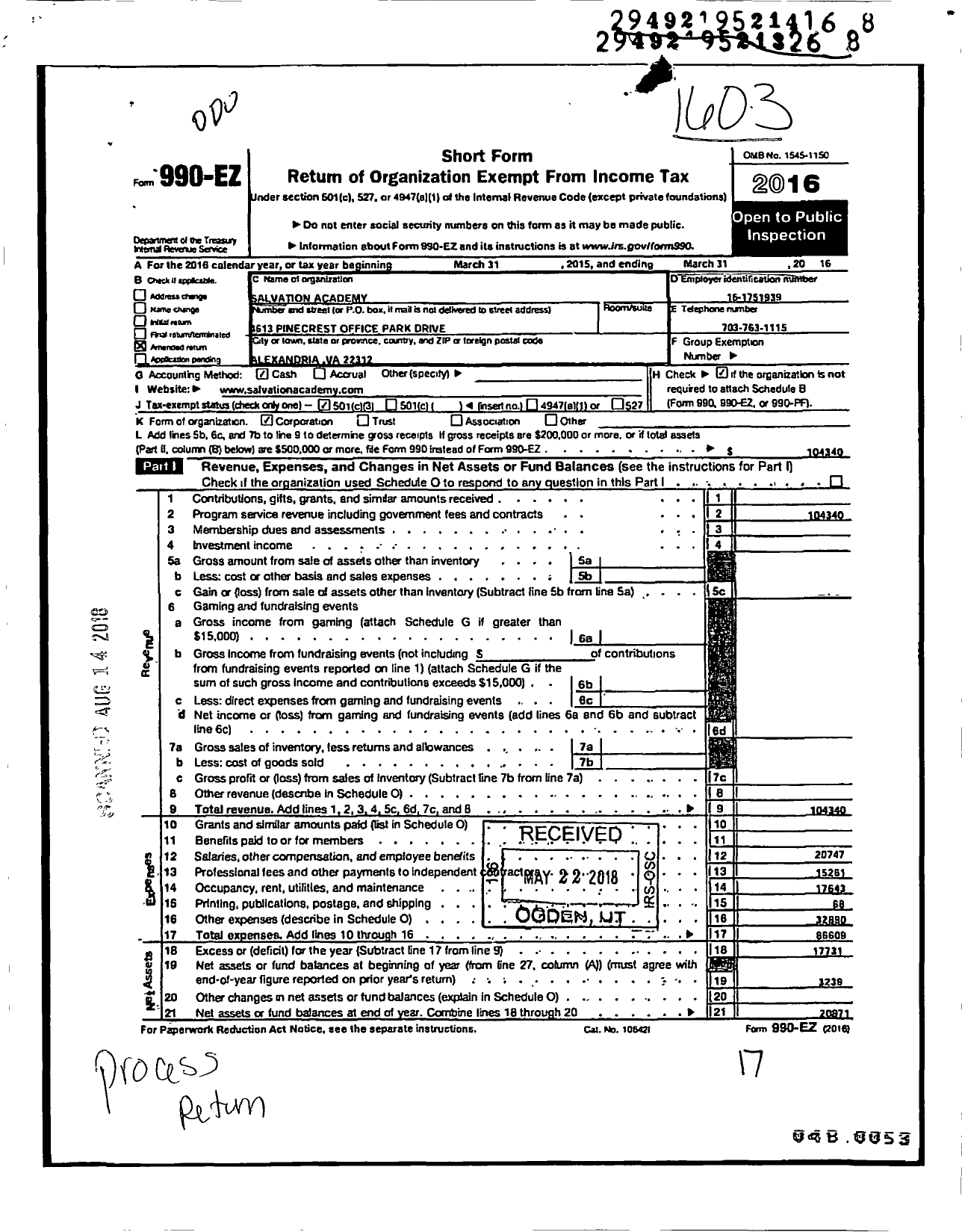 Image of first page of 2015 Form 990EZ for Salvation Academy