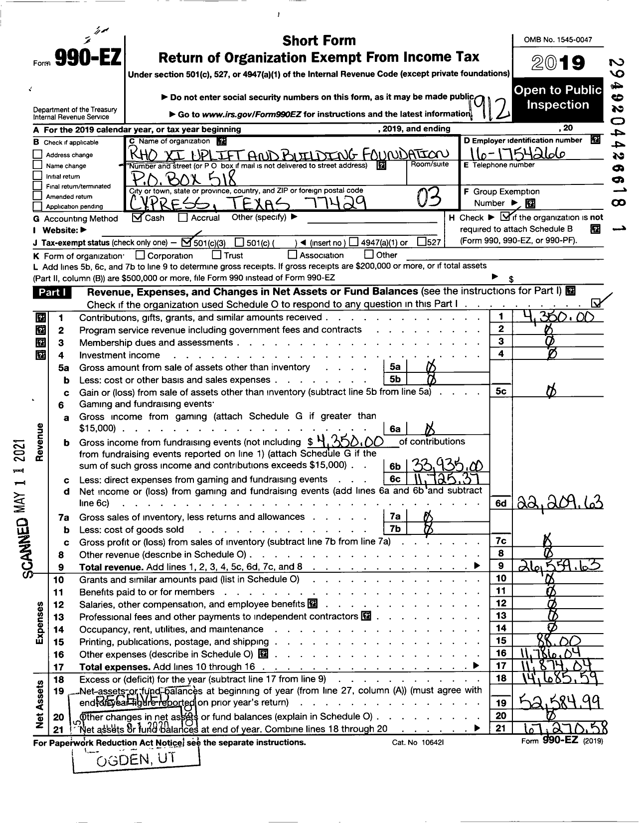 Image of first page of 2019 Form 990EZ for Rho Xi Uplift and Building Foundation