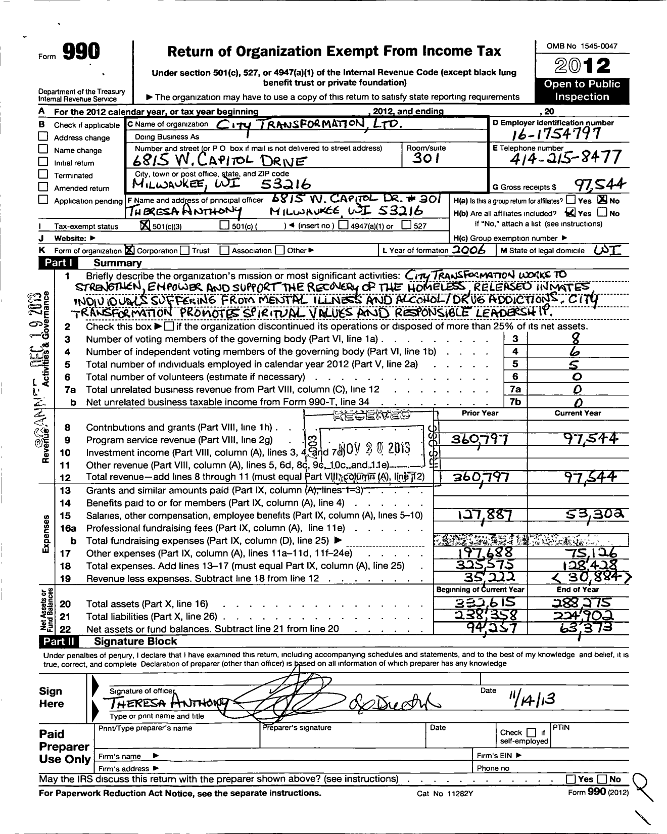 Image of first page of 2012 Form 990 for City Transformation Limited