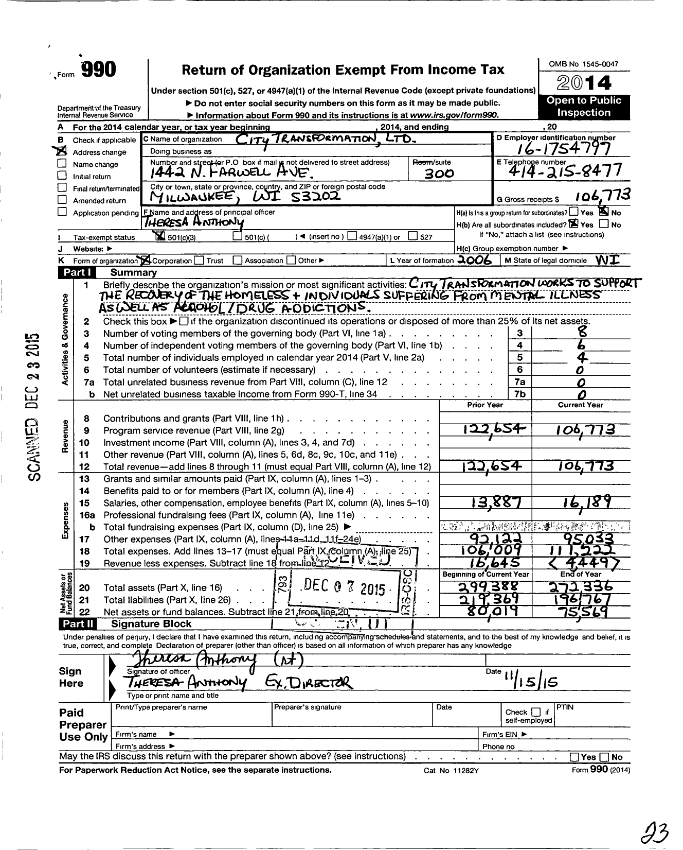 Image of first page of 2014 Form 990 for City Transformation Limited