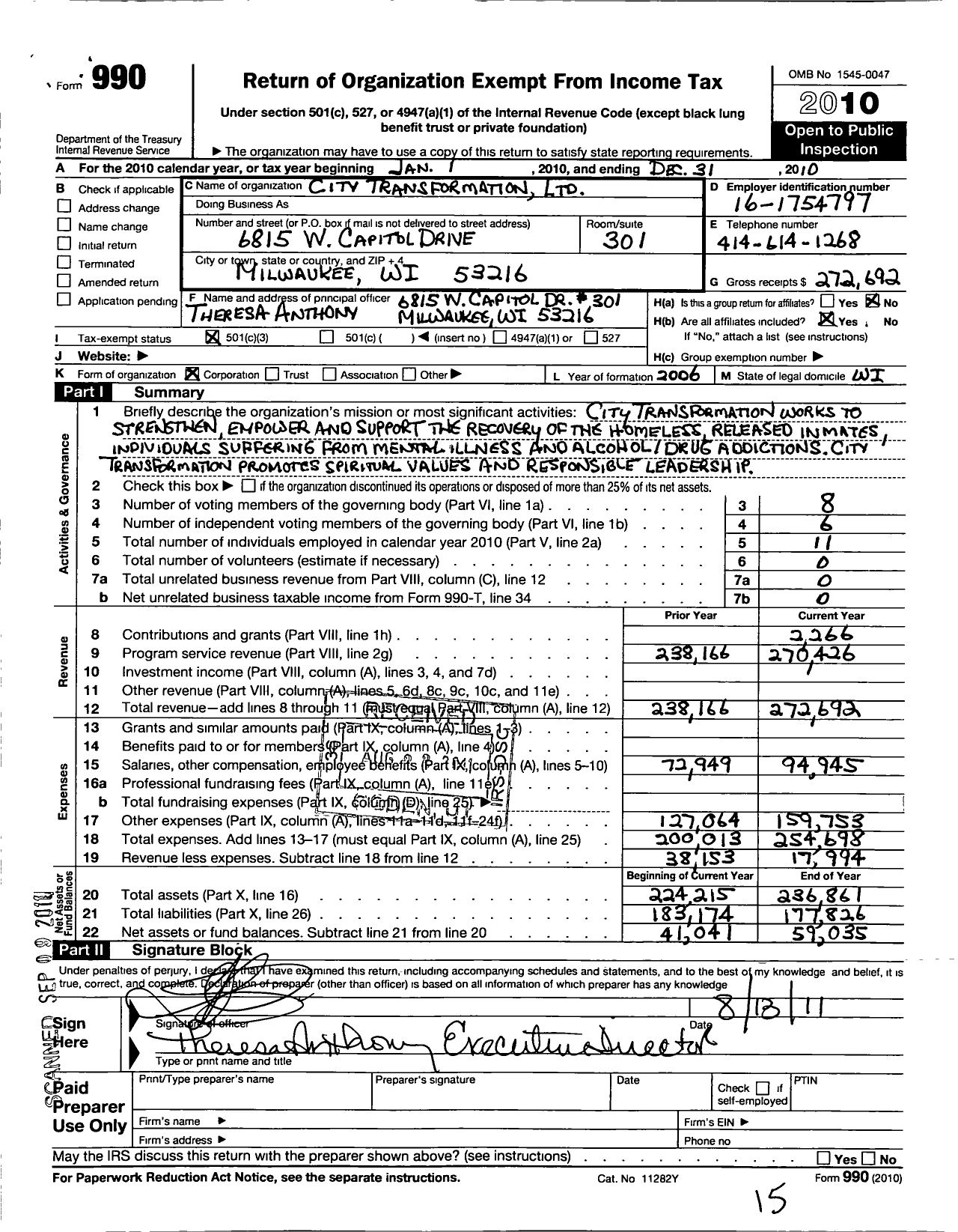 Image of first page of 2010 Form 990 for City Transformation Limited