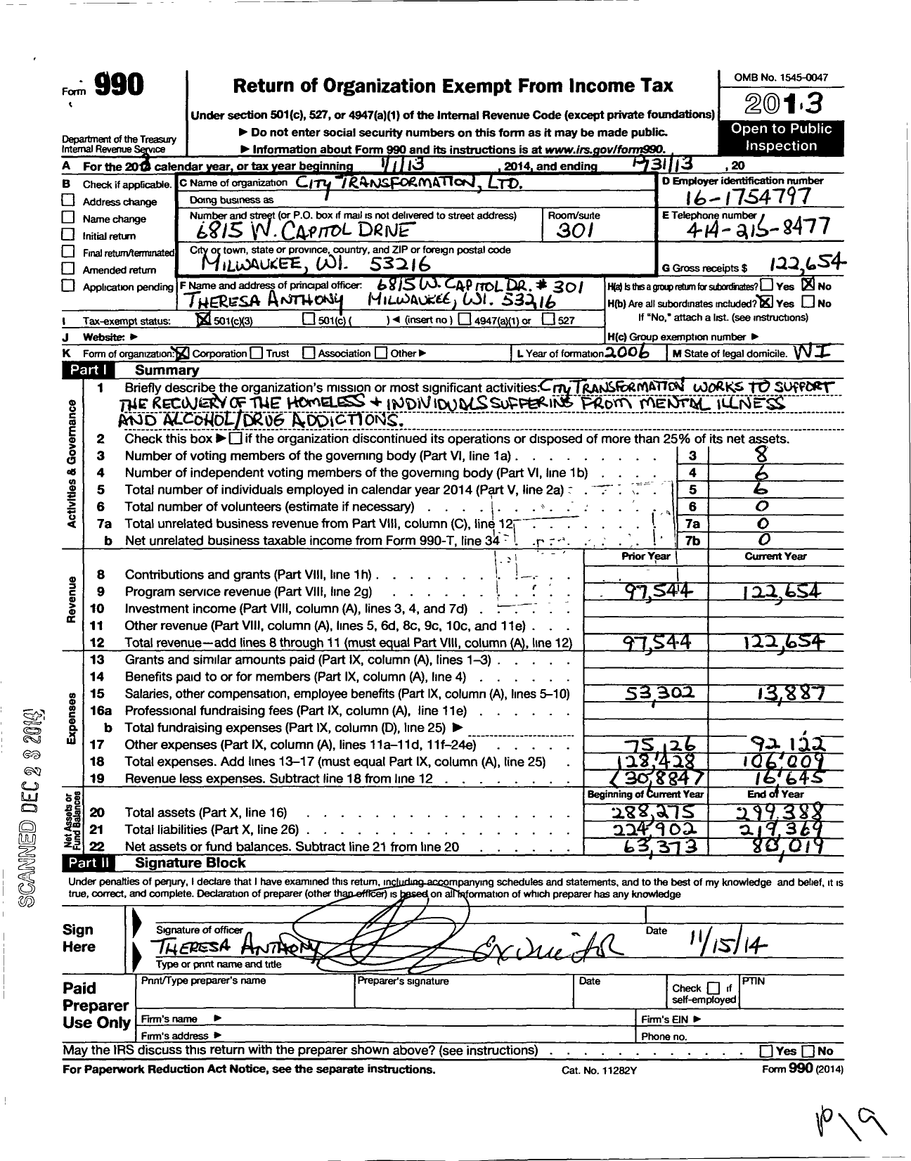 Image of first page of 2013 Form 990 for City Transformation Limited