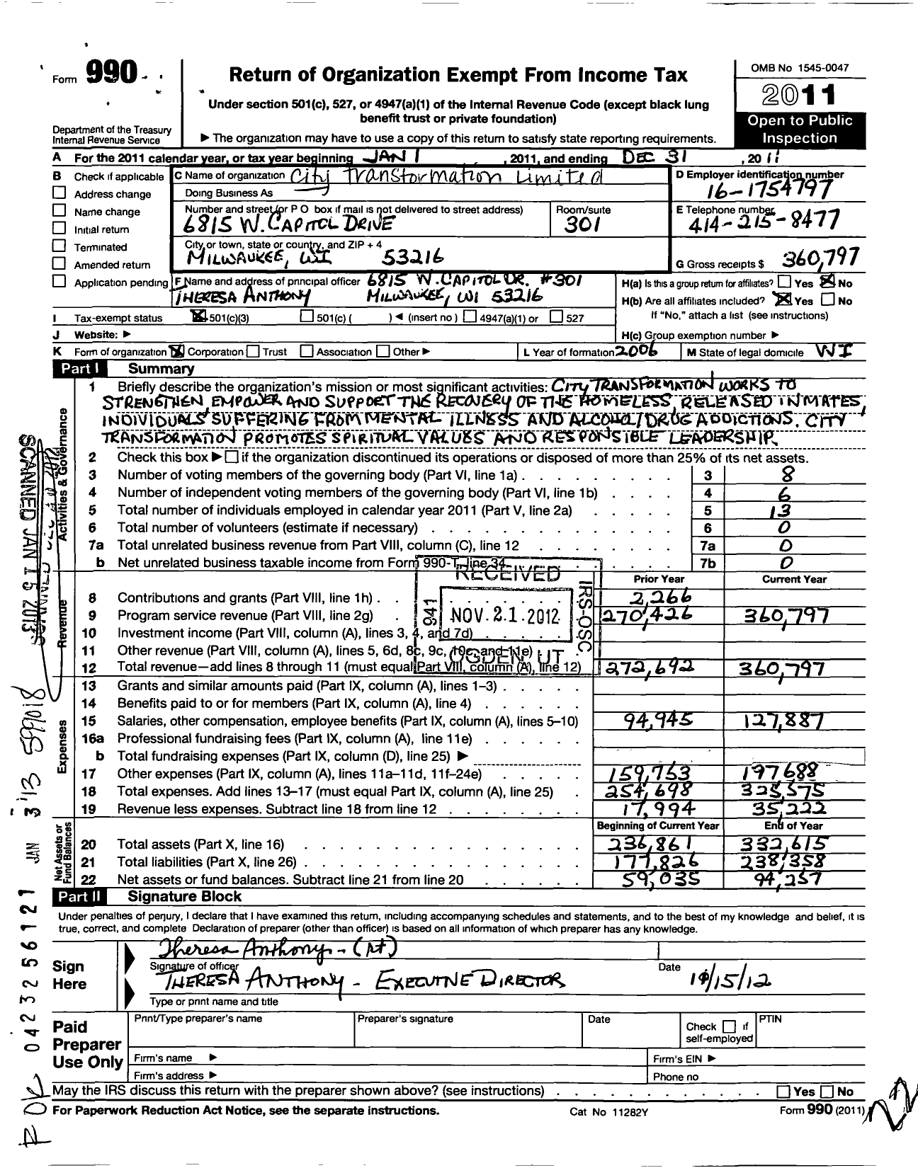 Image of first page of 2011 Form 990 for City Transformation Limited