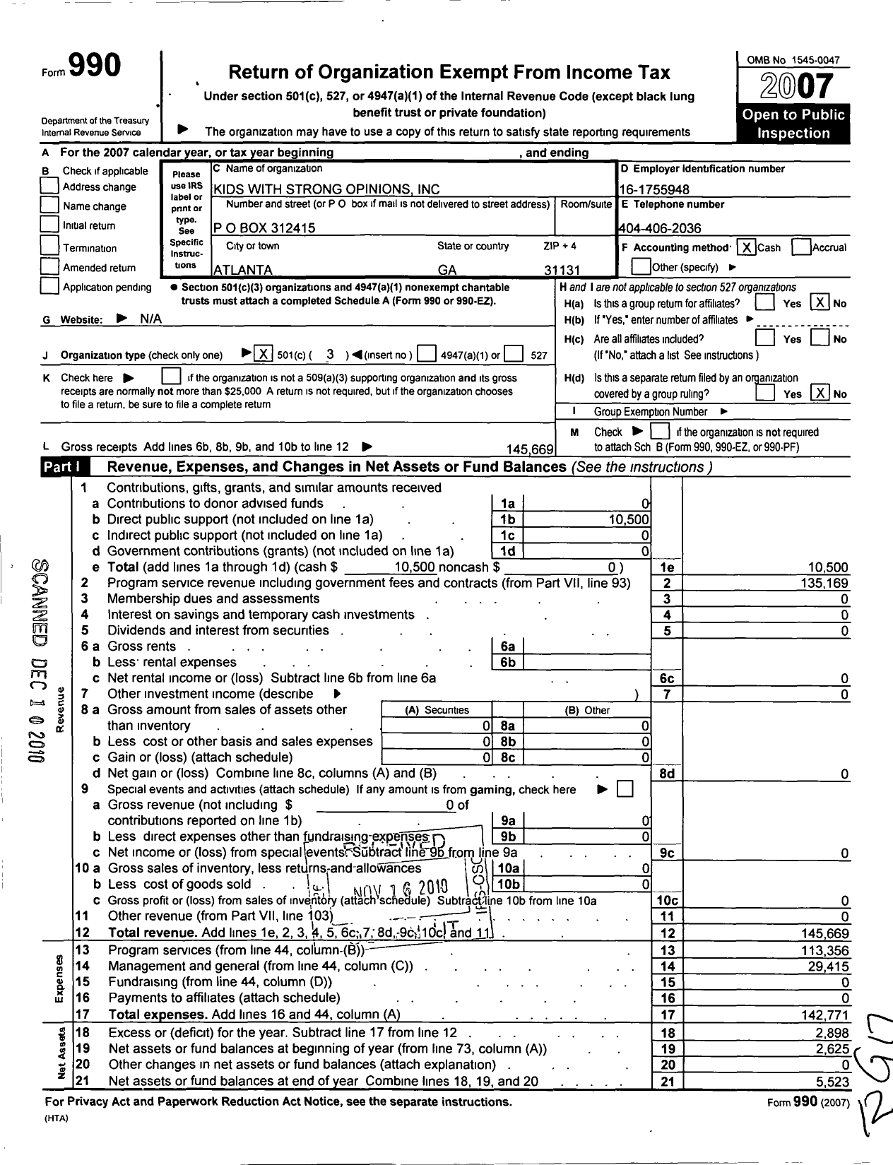 Image of first page of 2007 Form 990 for Kids with Strong Opinions