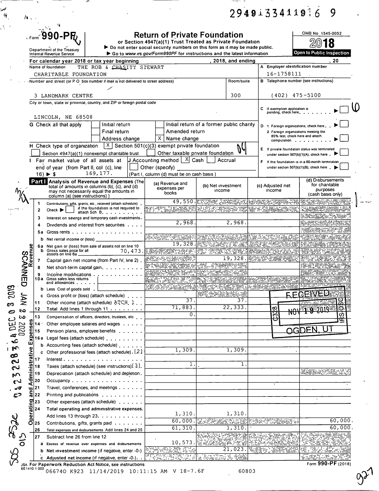 Image of first page of 2018 Form 990PF for The Rob and Chasity Stewart Charitable Foundation