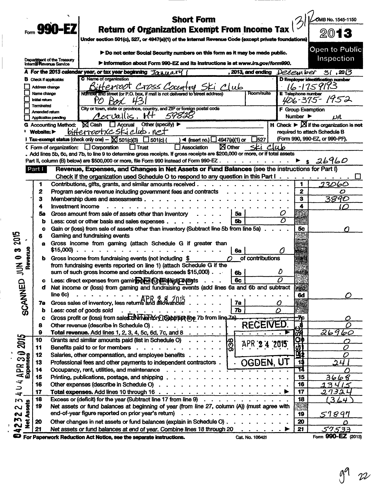 Image of first page of 2013 Form 990EZ for Bitterroot Cross Country Ski Club