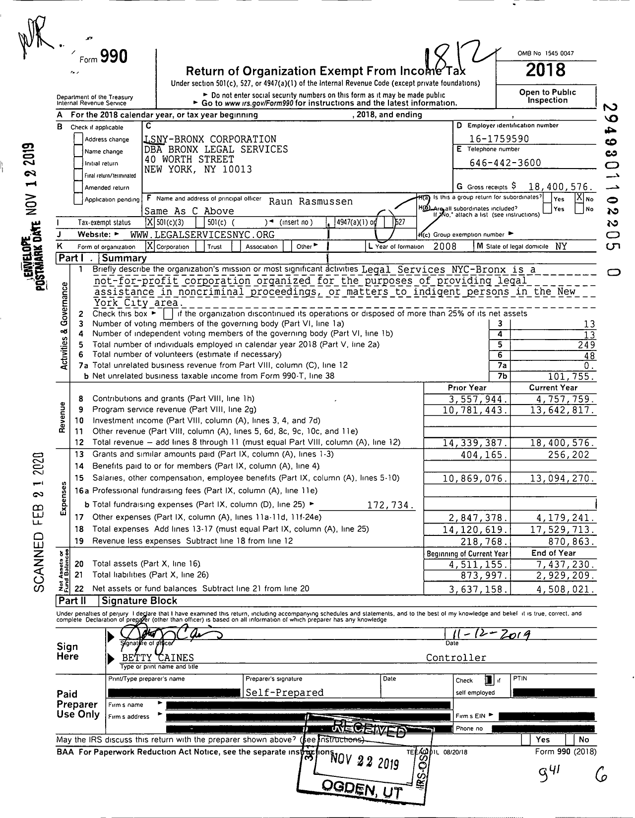 Image of first page of 2018 Form 990 for Bronx Legal Services
