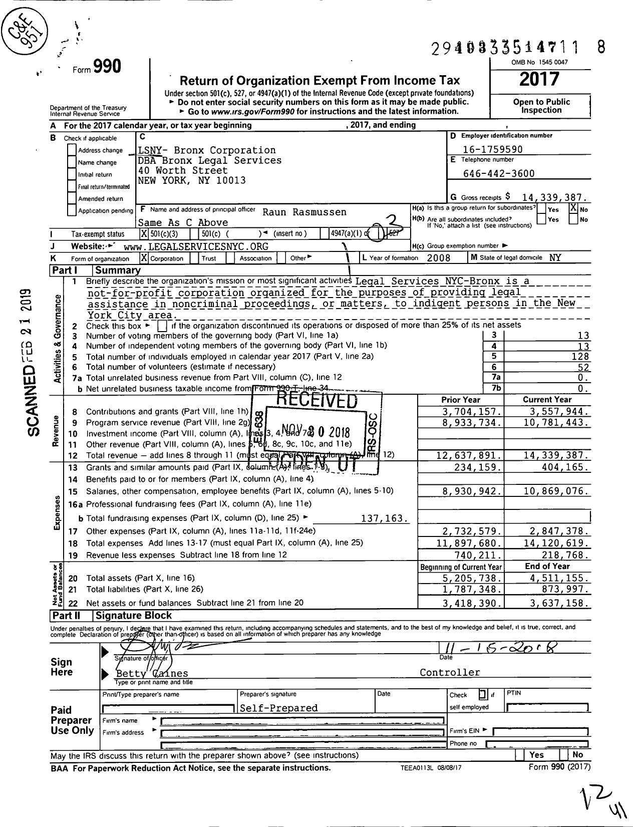 Image of first page of 2017 Form 990 for Bronx Legal Services