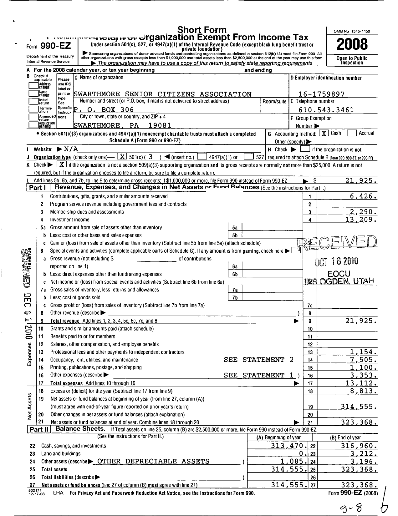 Image of first page of 2008 Form 990EZ for Swarthmore Senior Citizens Association