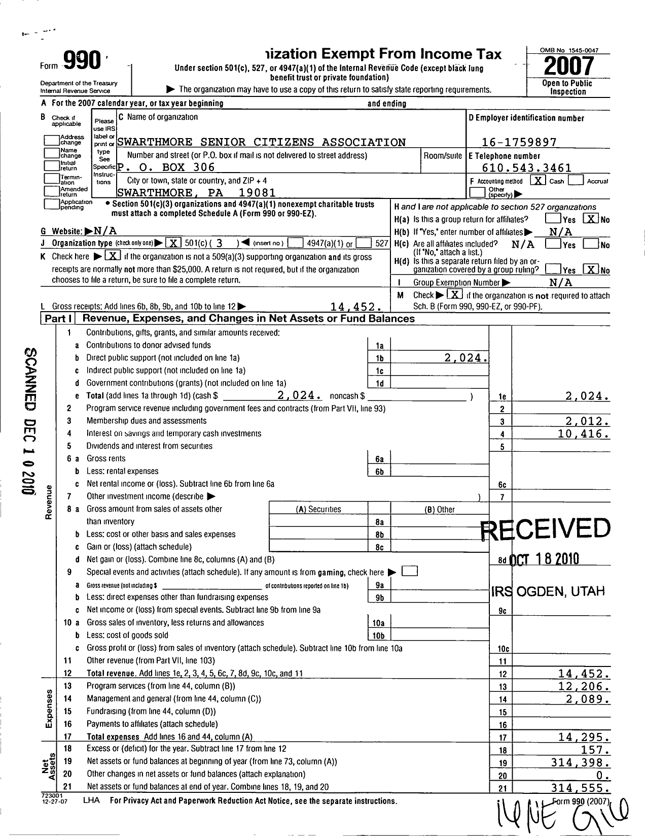 Image of first page of 2007 Form 990 for Swarthmore Senior Citizens Association