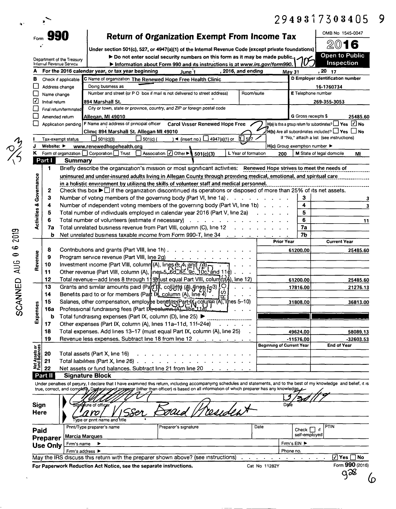 Image of first page of 2016 Form 990 for The Renewed Hope Free Health Clinic