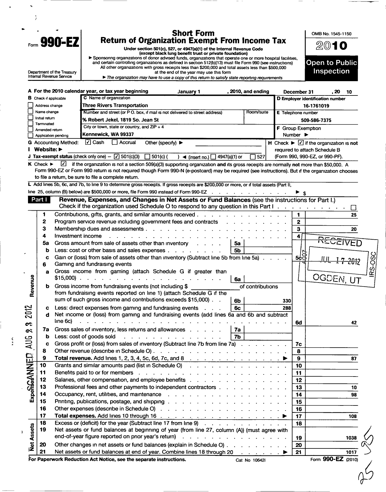 Image of first page of 2010 Form 990EZ for Three Rivers Transportation Exposition